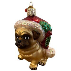 Pug Christmas Ornament Glass Red Santa Hat Glitter Gold Figurine Holiday Decor